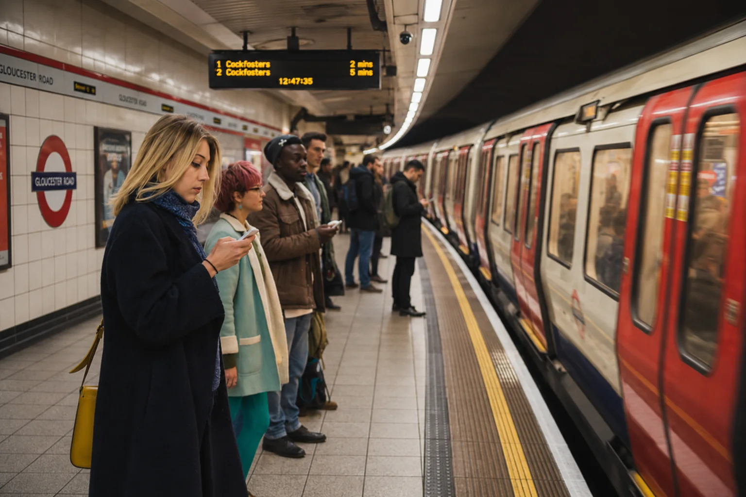 People waiting on a subway platform beside a stopped train