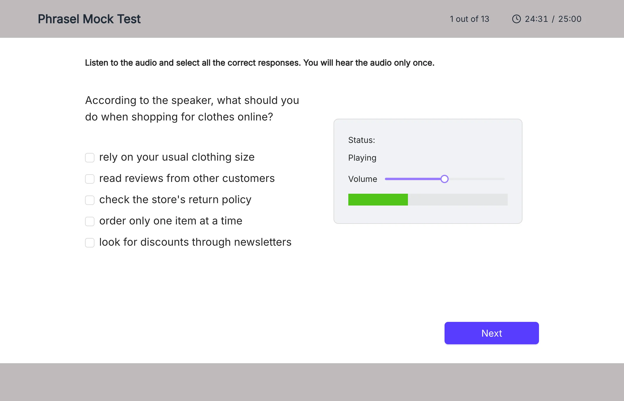 PTE Core mock test Listening question with audio playback and answer input