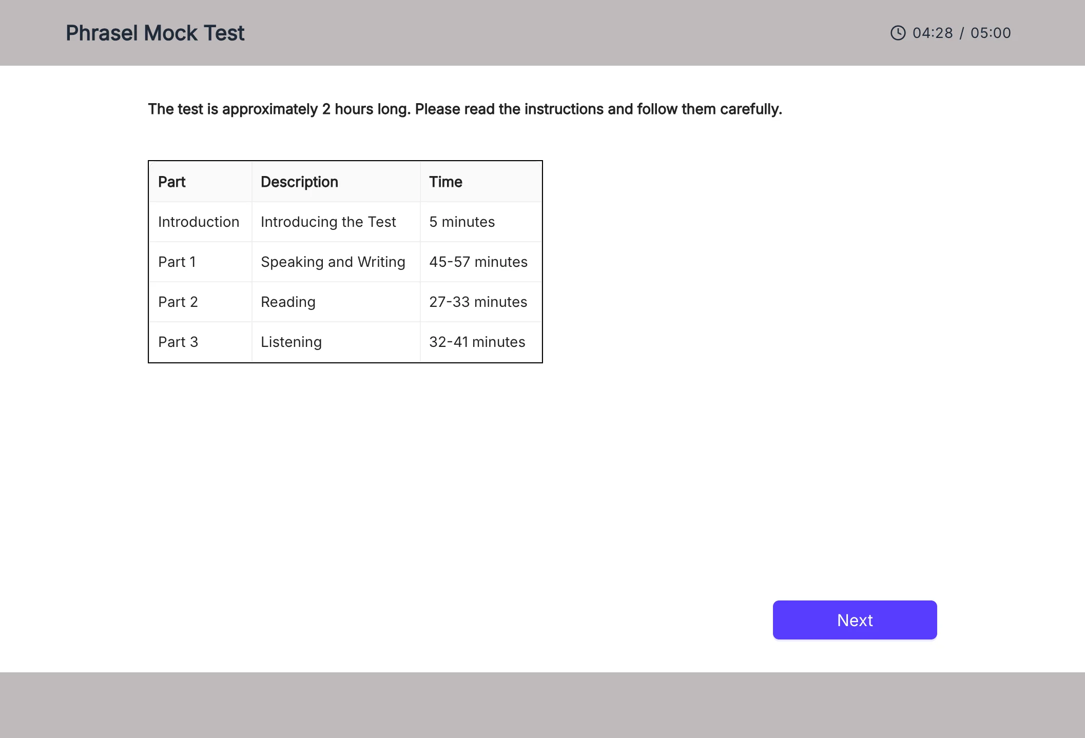 Opening screen of a PTE Core mock test showing test parts and timing