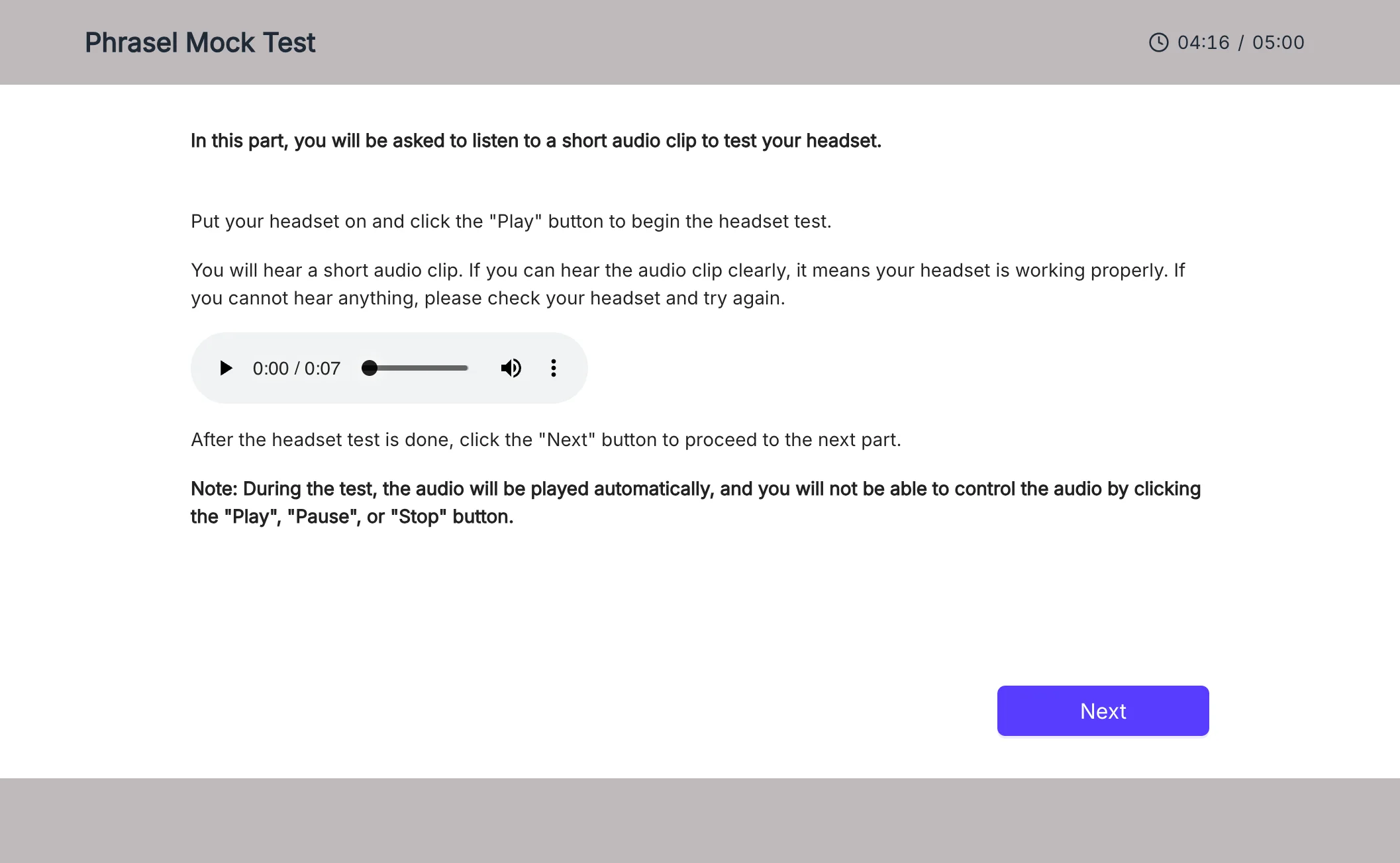 Headset check screen before starting a PTE Core mock test
