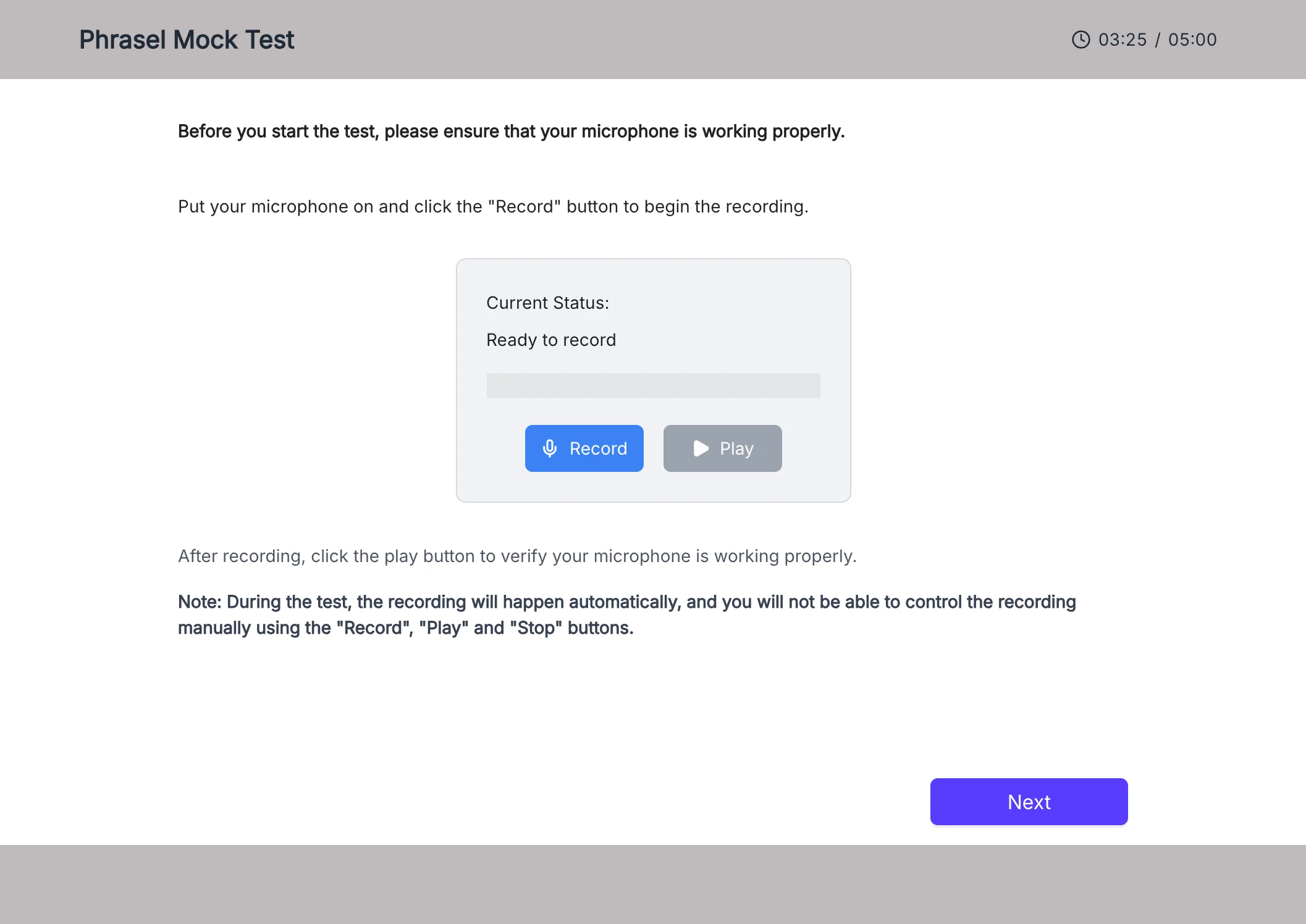 Microphone check screen before starting a PTE Core mock test