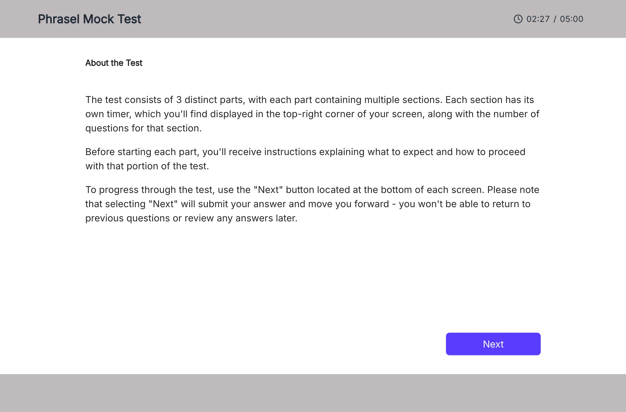 Test instructions screen shown before a PTE Core mock test begins