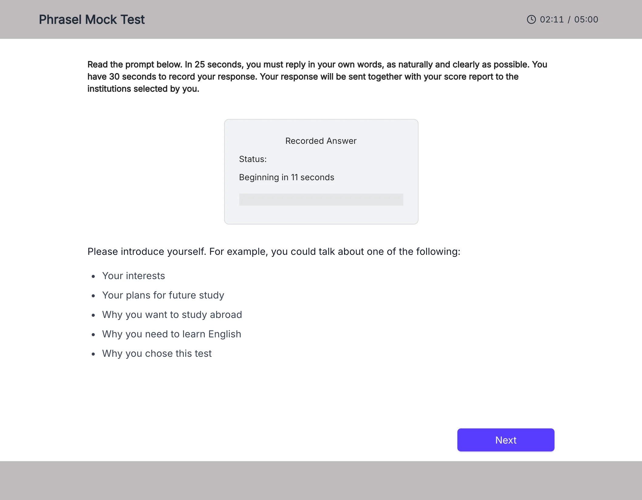 Introduction and unscored microphone check at the start of a PTE Core mock test