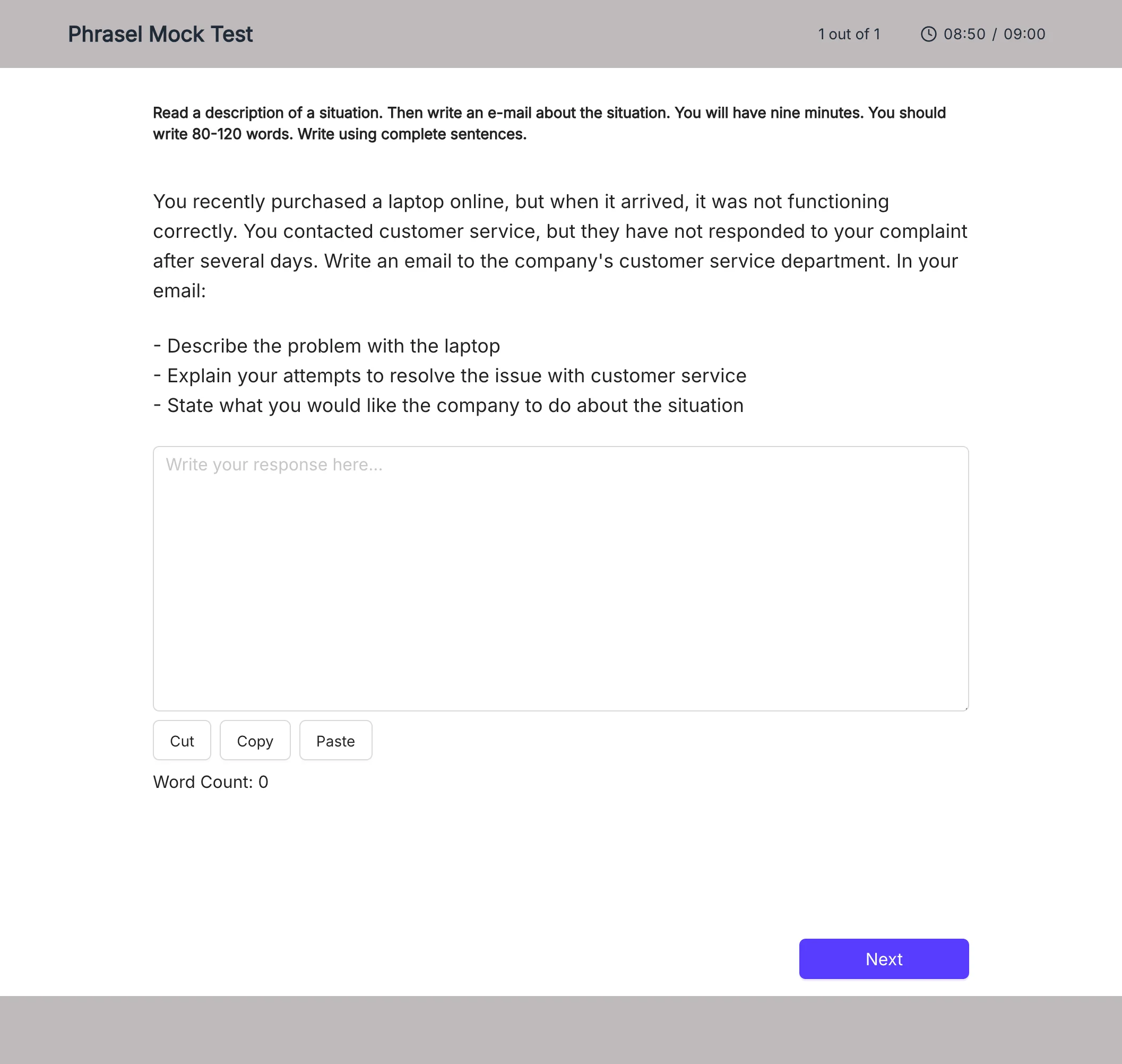PTE Core mock test Writing question with response box, timer, and word count