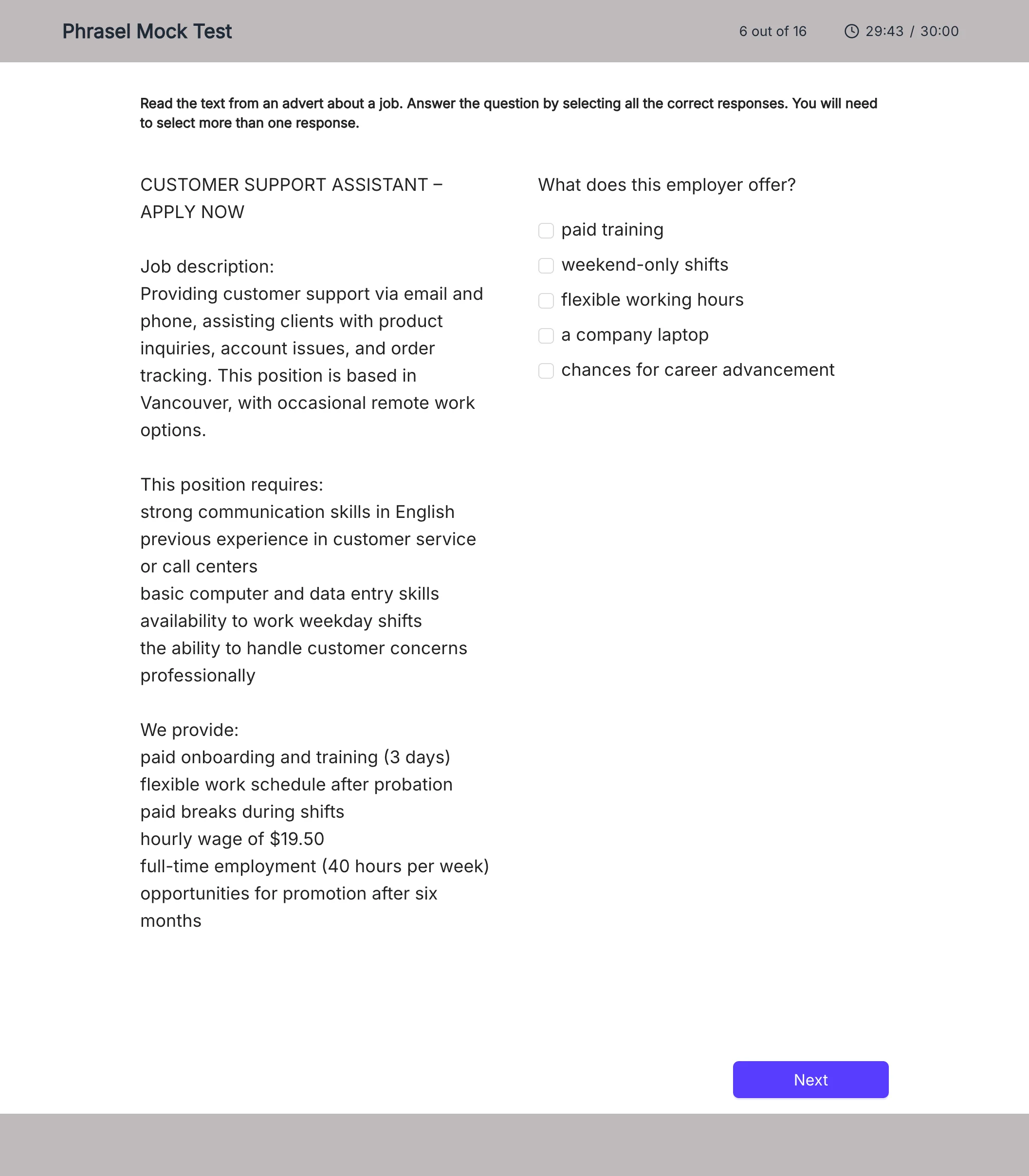 PTE Core mock test Reading question with passage and answer options