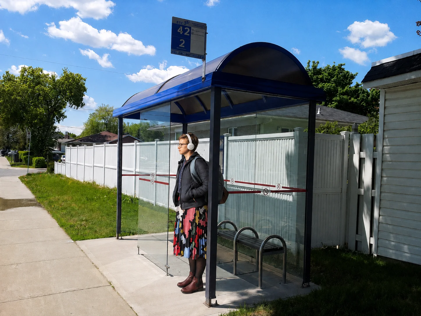 People waiting at a bus station with buses parked at the curb