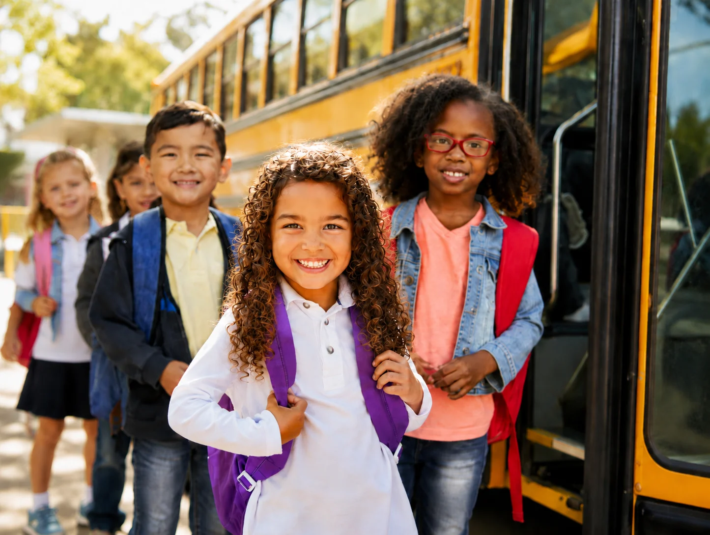 School children standing near a yellow school bus