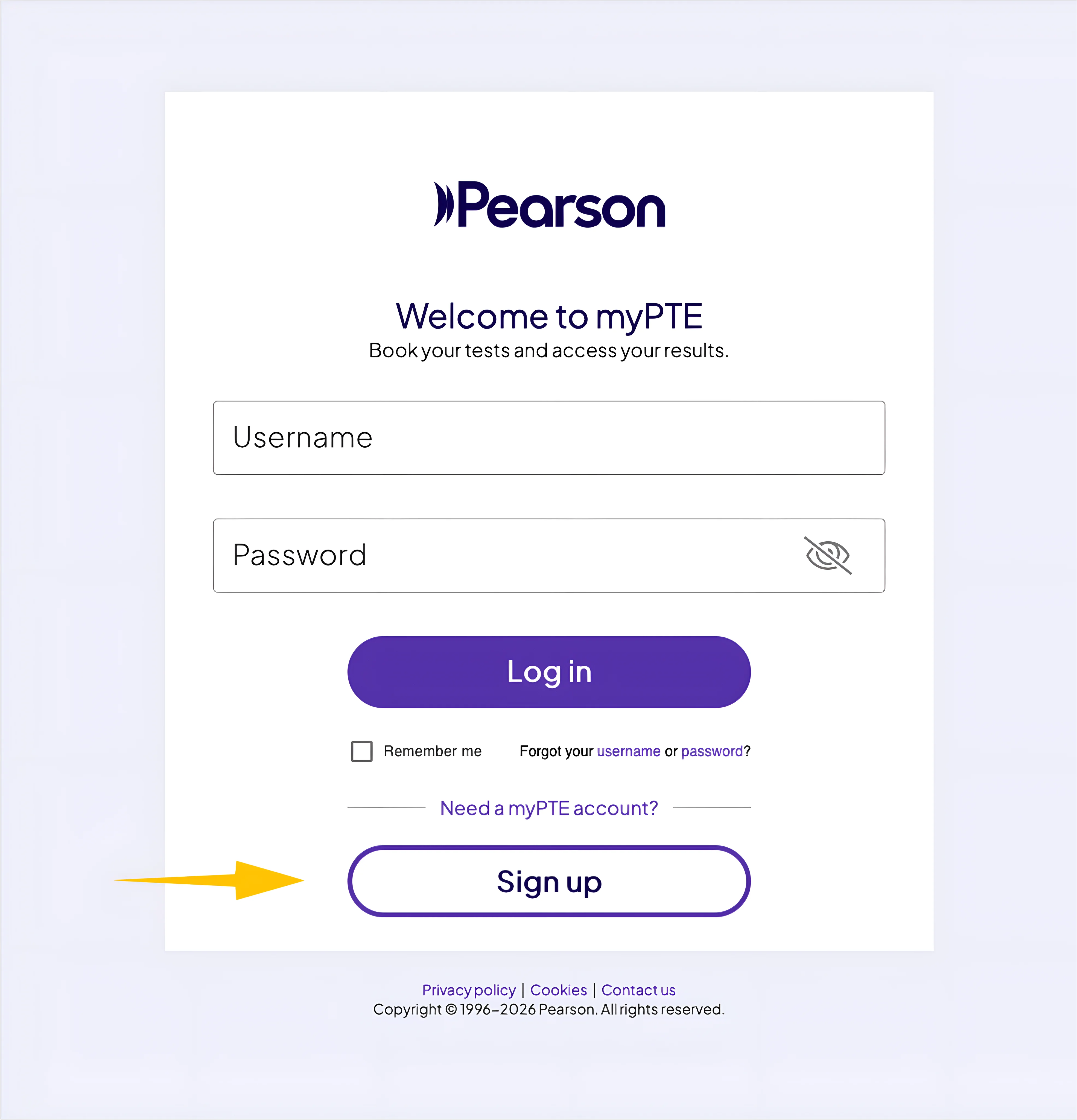myPTE sign-in page for creating or logging into a PTE Core booking account