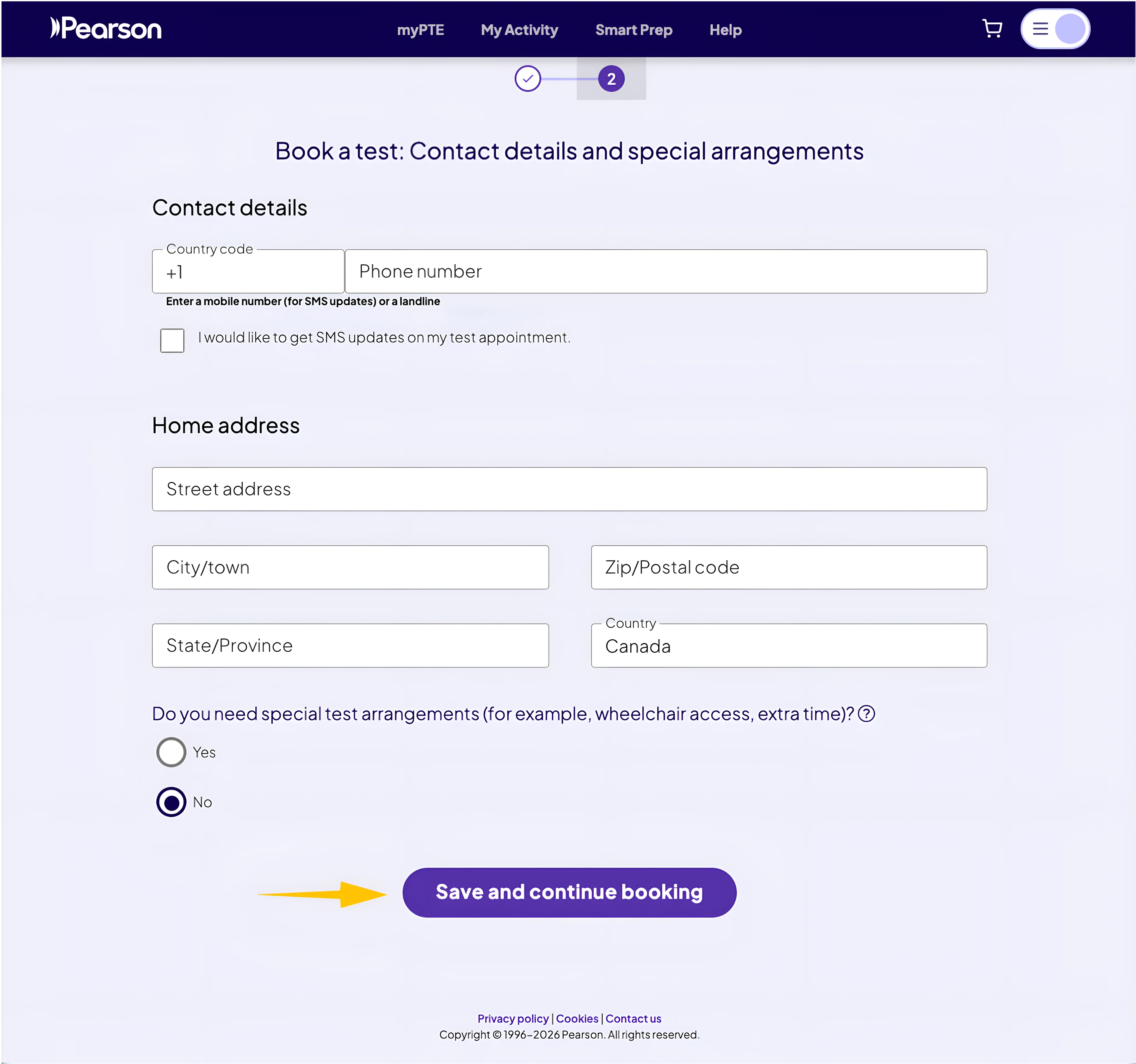 myPTE contact details and special arrangements form during PTE Core booking