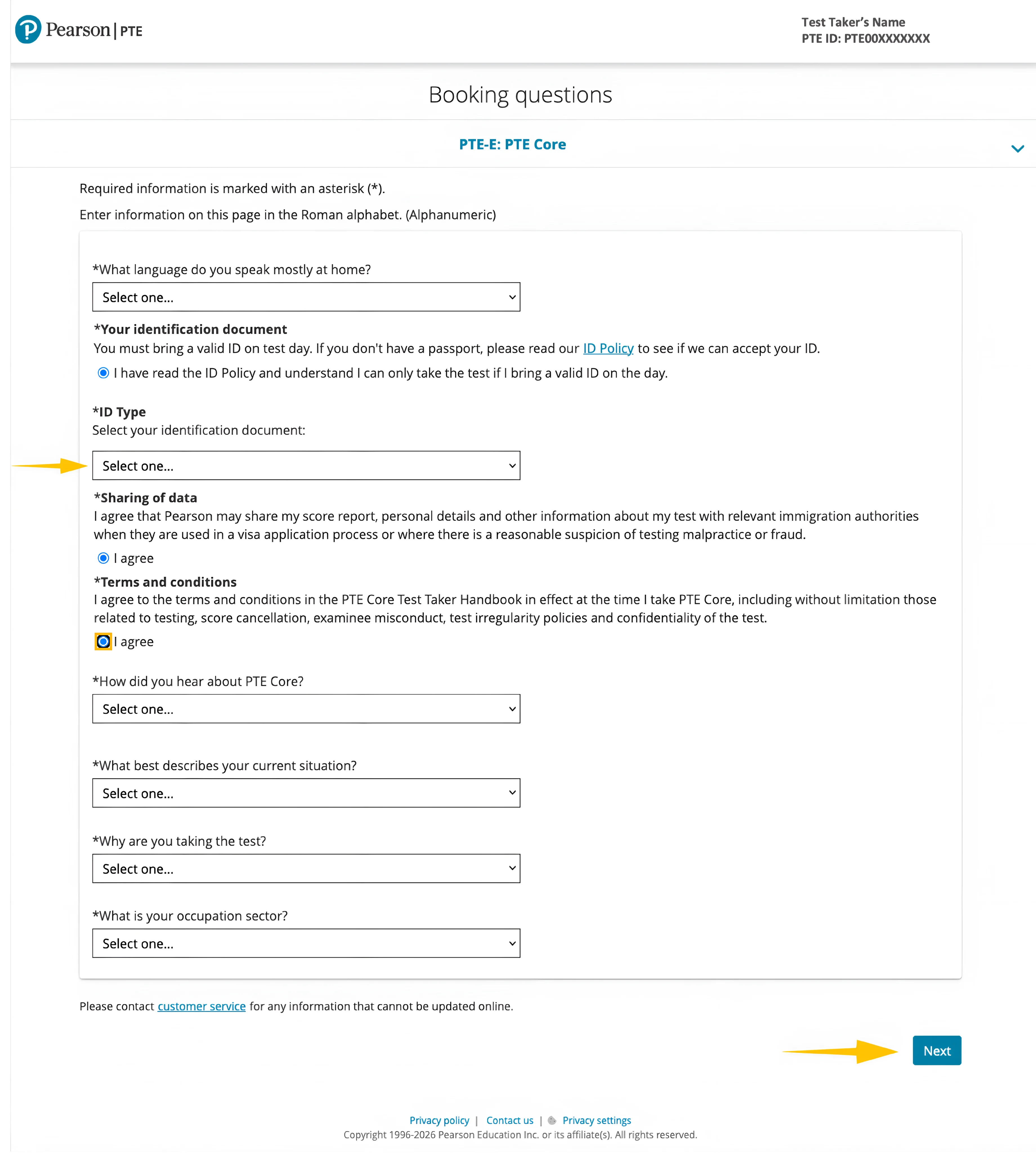 myPTE booking questions screen for ID selection and policy acknowledgements