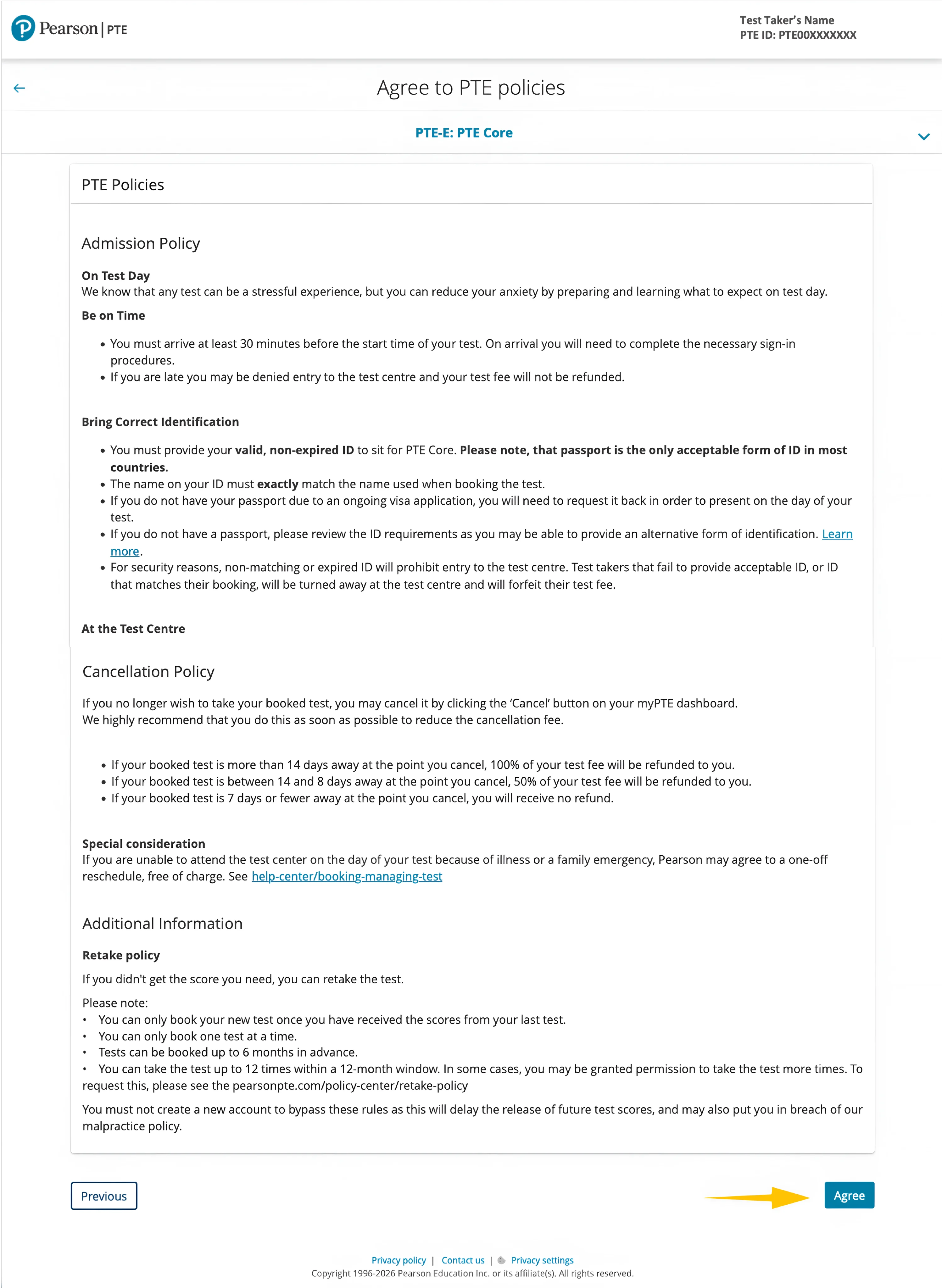 myPTE policy review screen covering admission, ID, cancellation, and retake rules