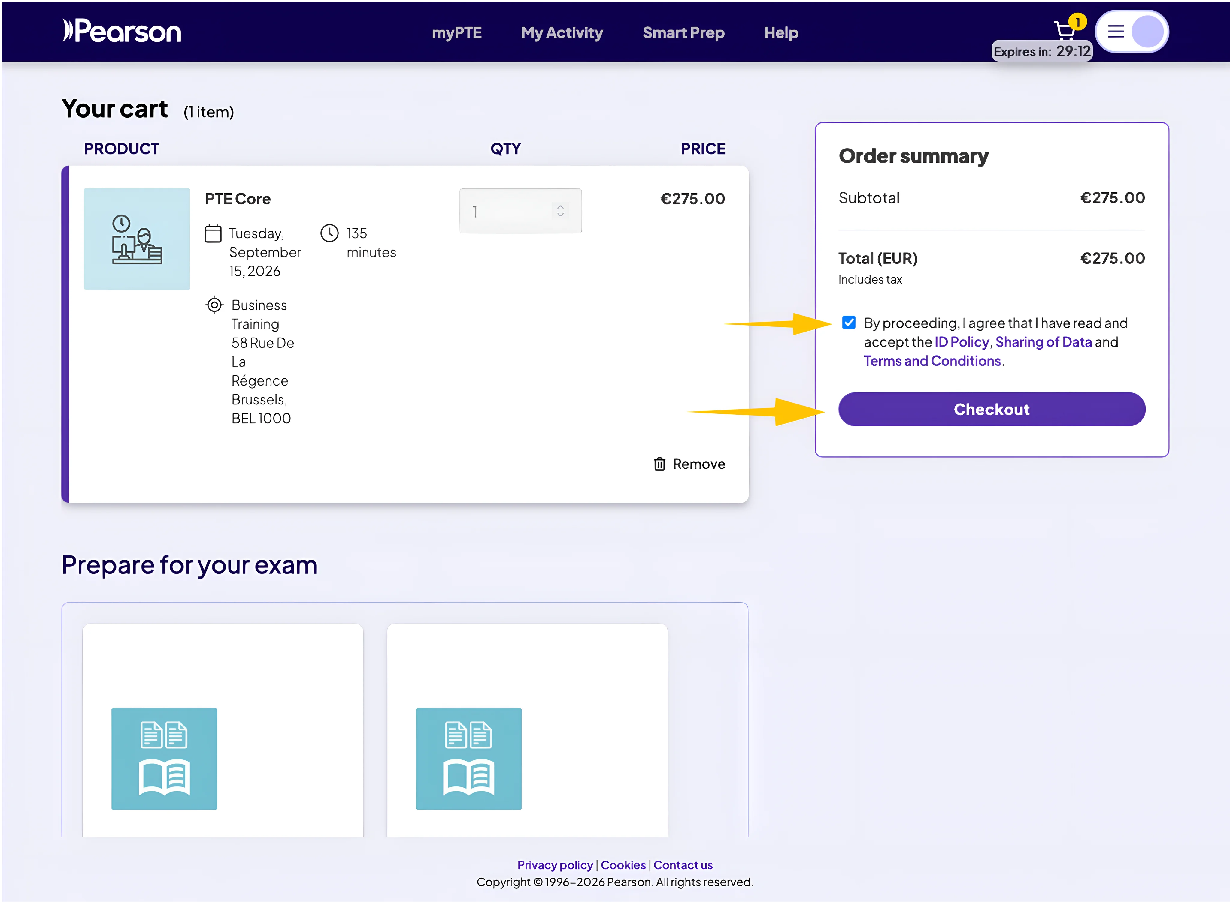 myPTE cart and checkout screen with PTE Core booking fee and policy checkboxes