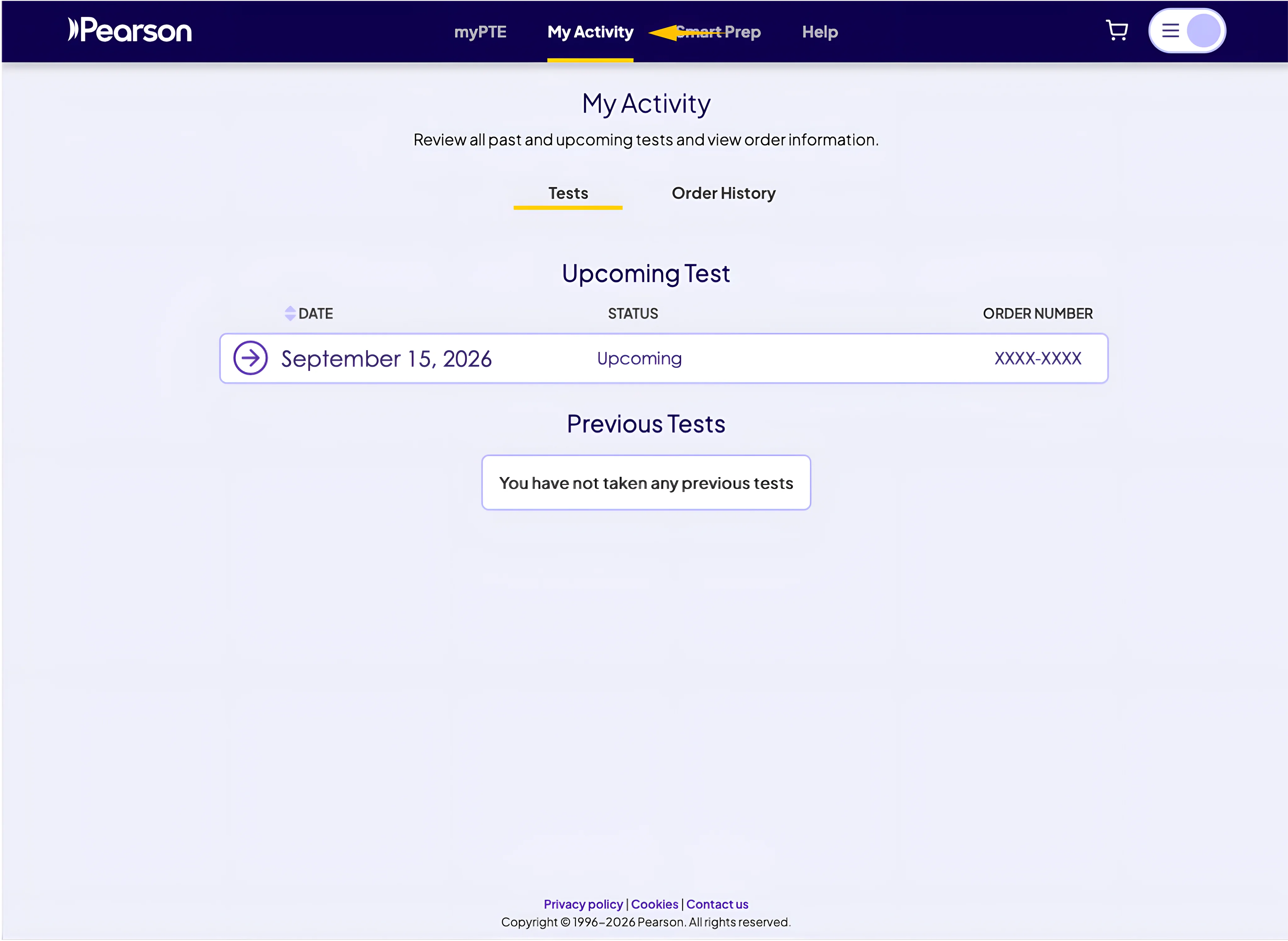 myPTE My Activity page showing an upcoming PTE Core test appointment