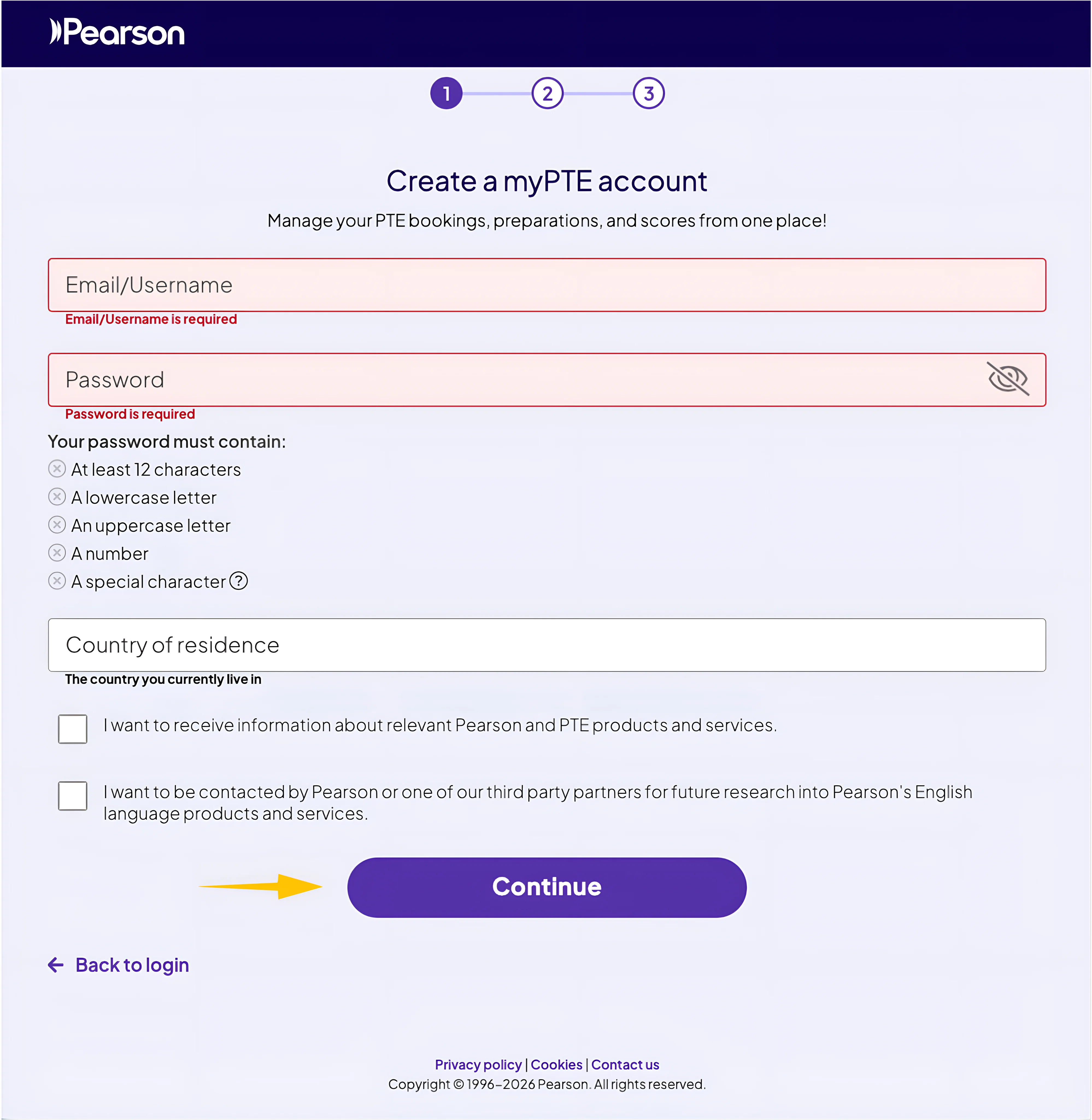myPTE account registration form with email, password, and country of residence