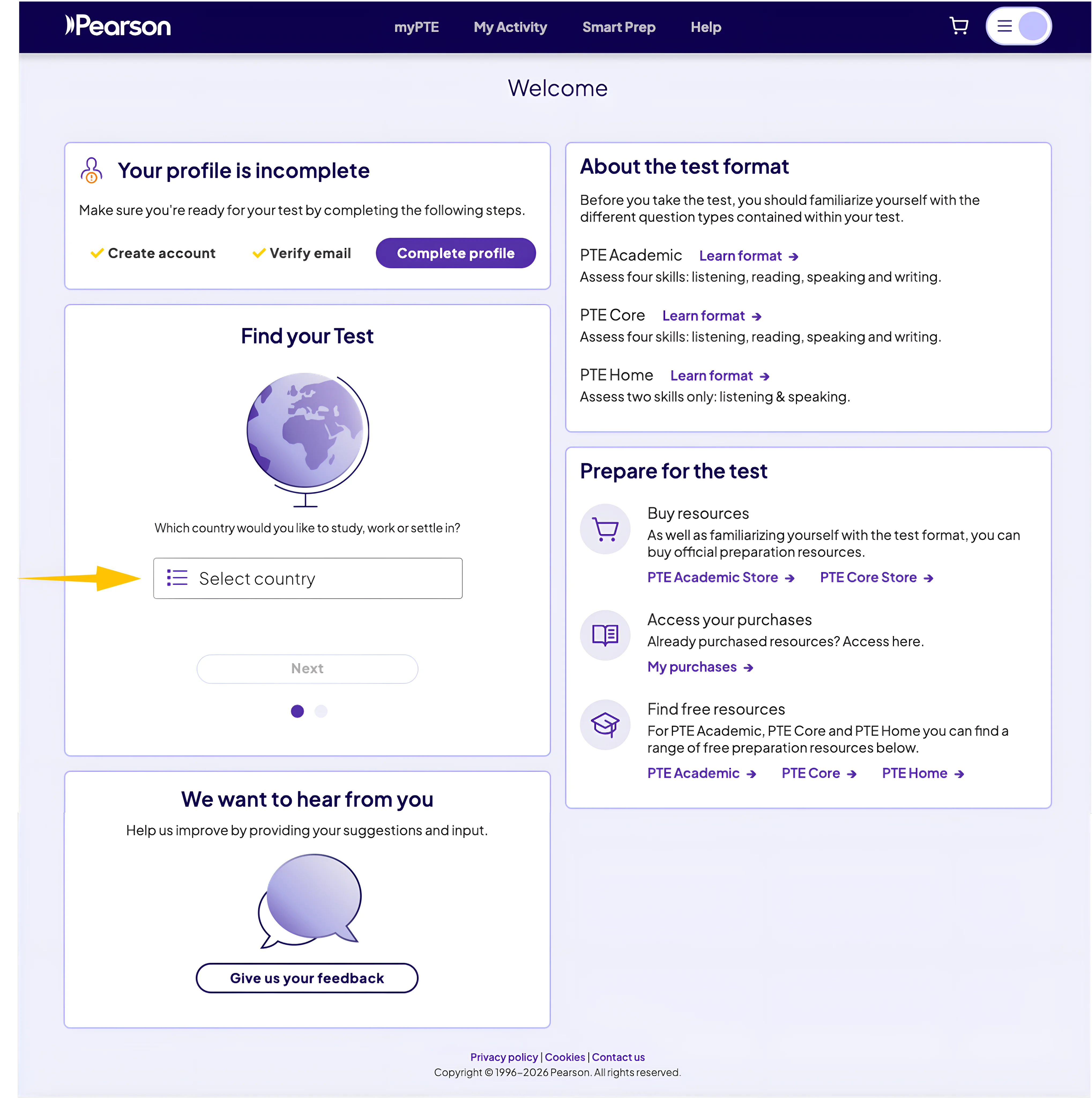 myPTE dashboard with Find your Test and Select country menu