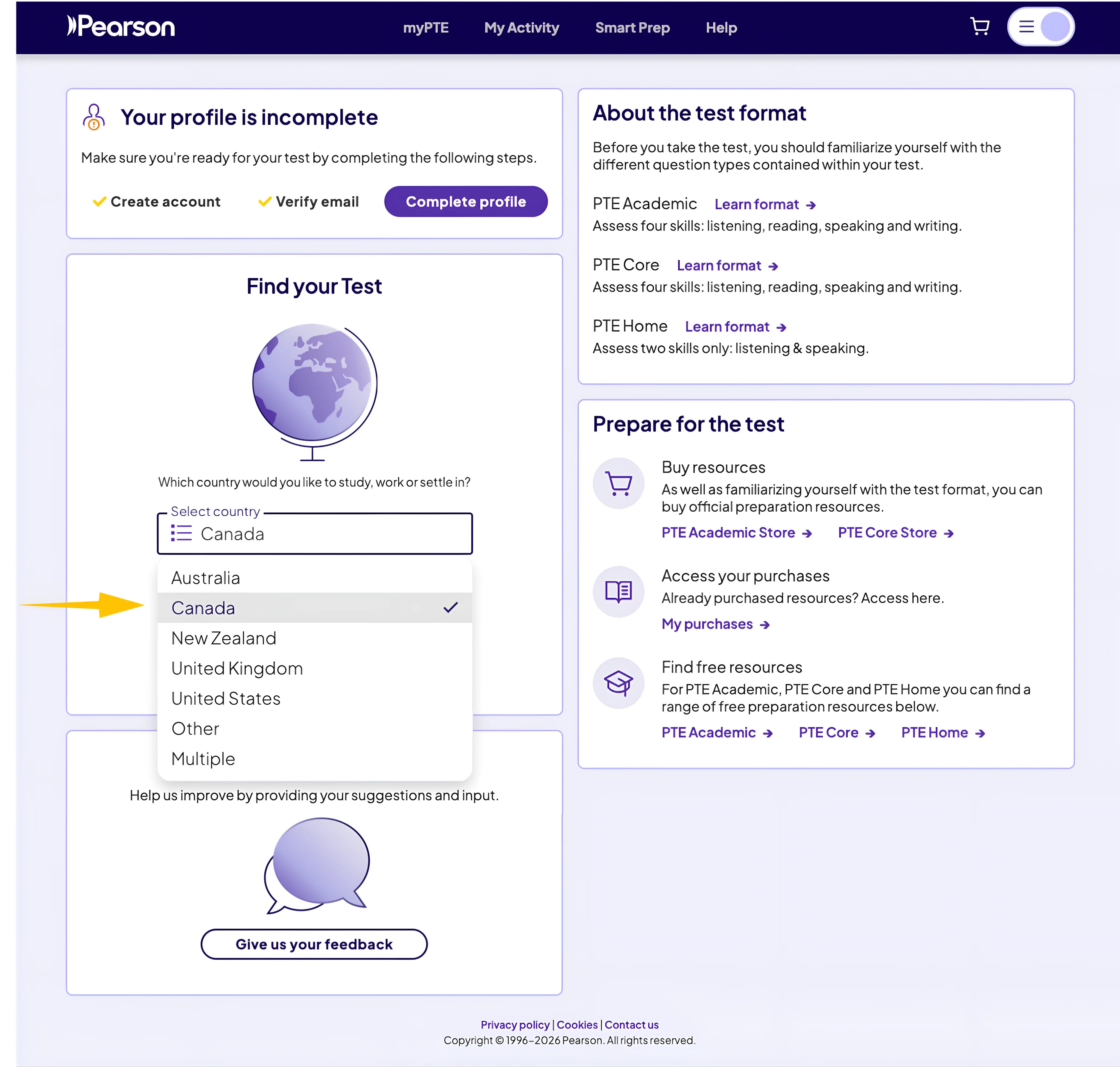 myPTE country selection screen with Canada chosen for PTE Core booking