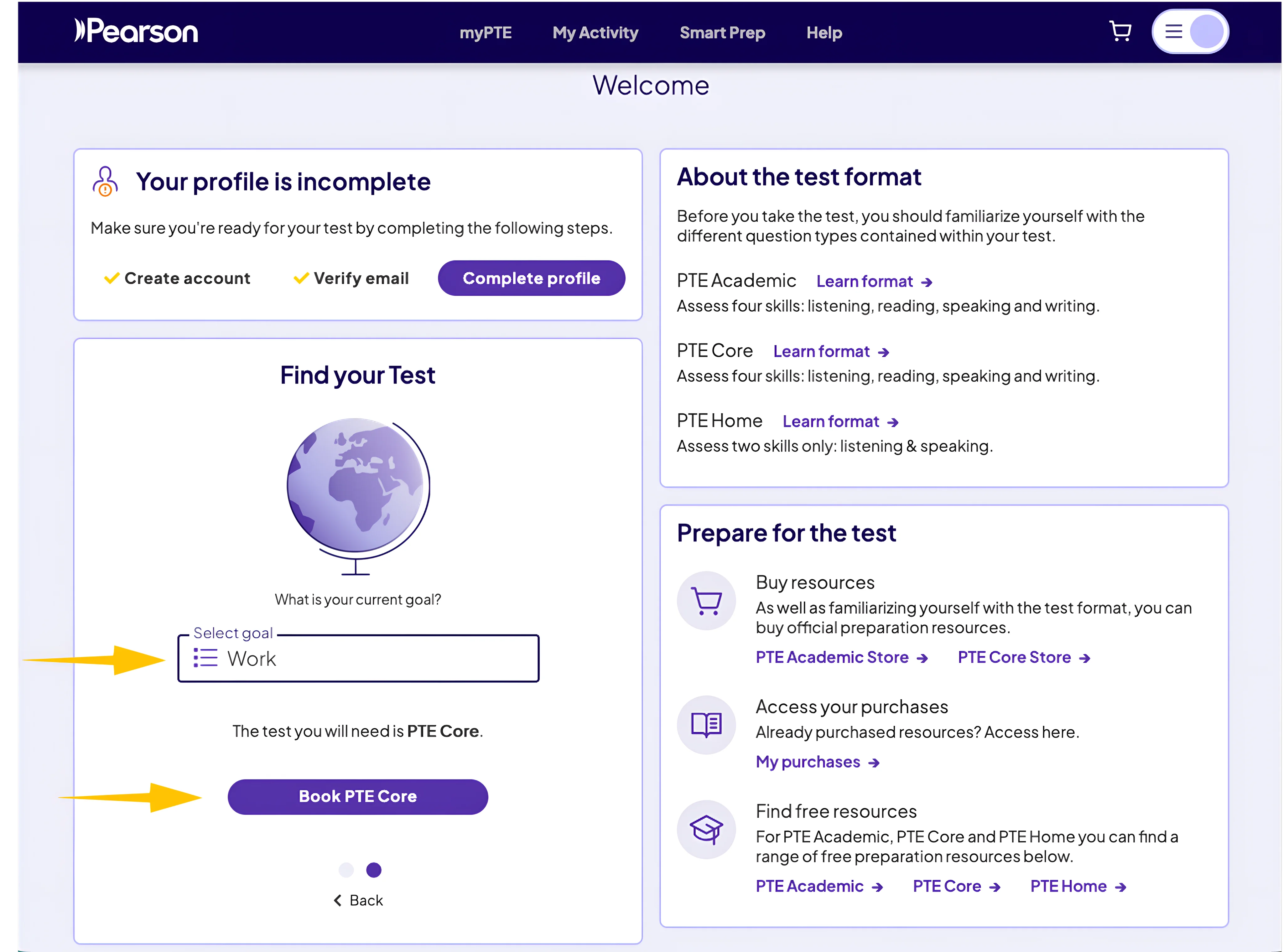 myPTE goal selection screen recommending PTE Core for work in Canada