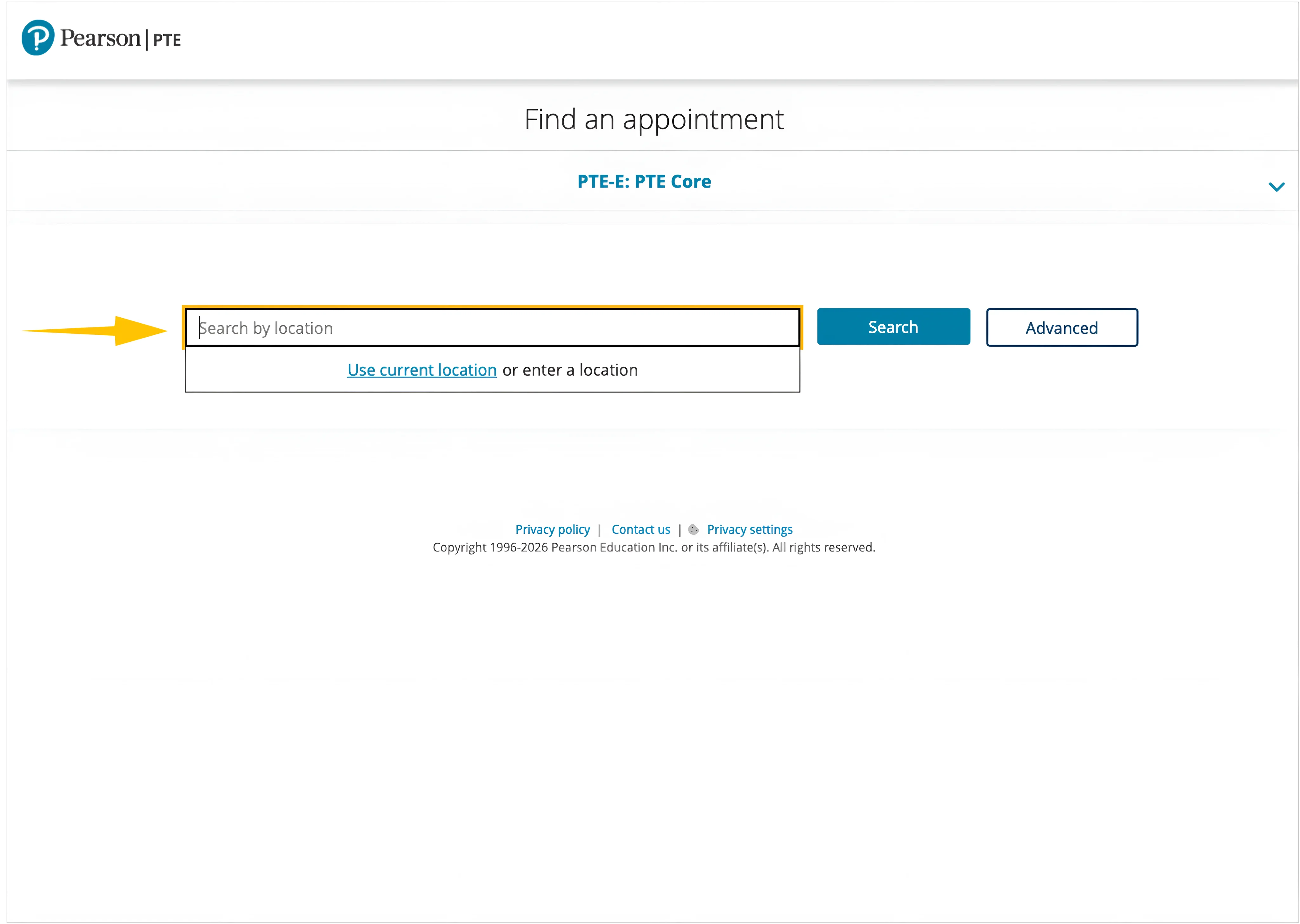 myPTE location search screen for finding nearby PTE Core test centres