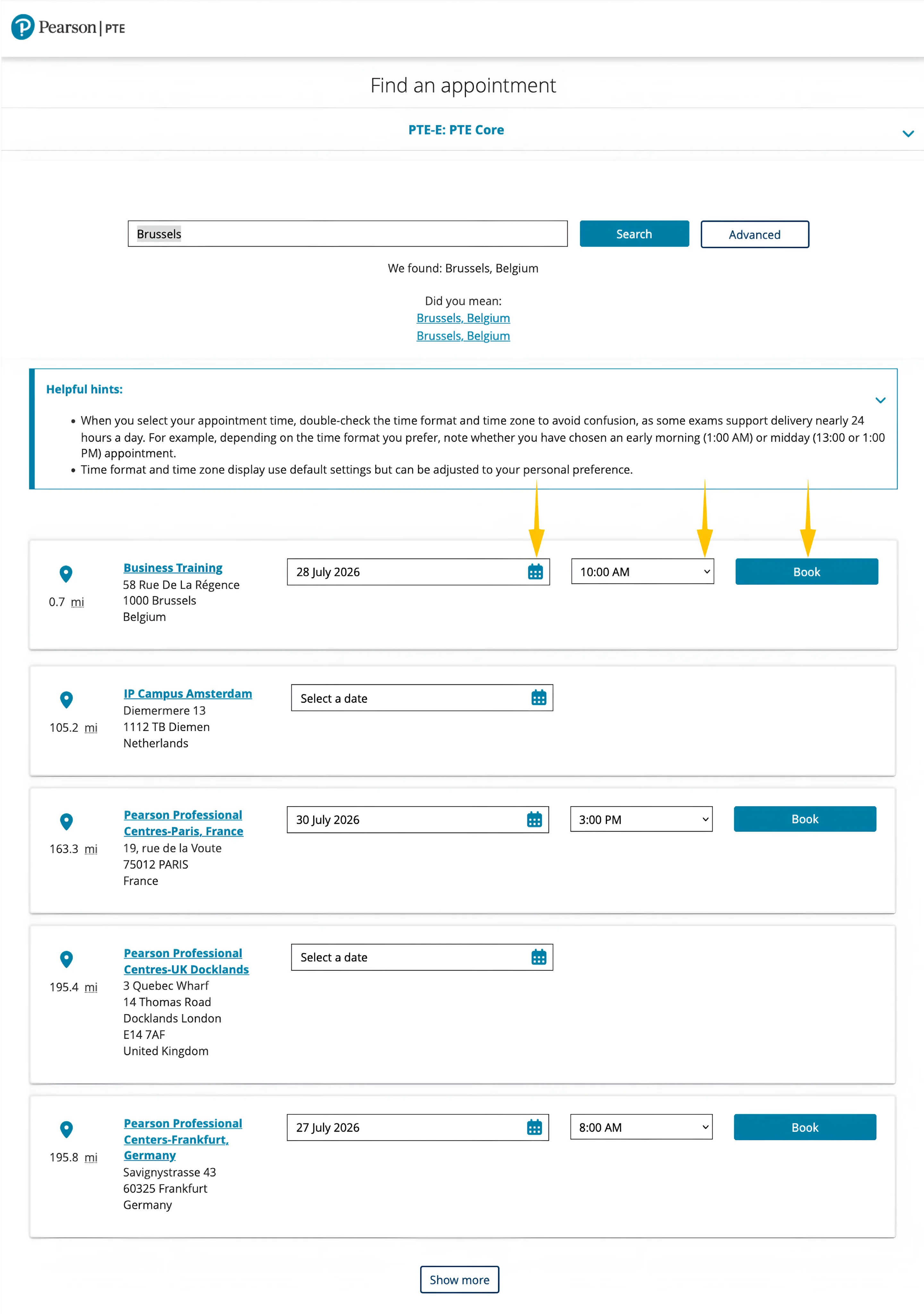 myPTE appointment list showing available PTE Core test centre dates and times
