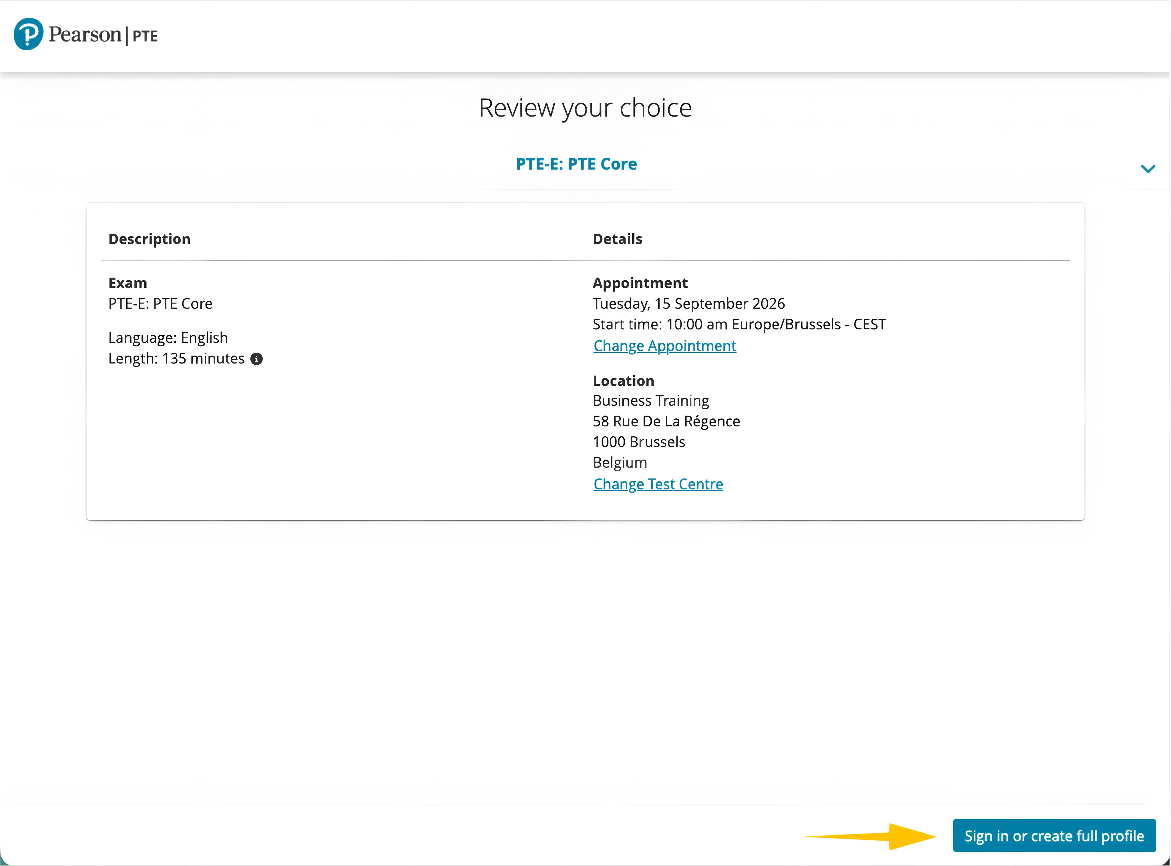 myPTE appointment confirmation screen before completing the PTE Core profile