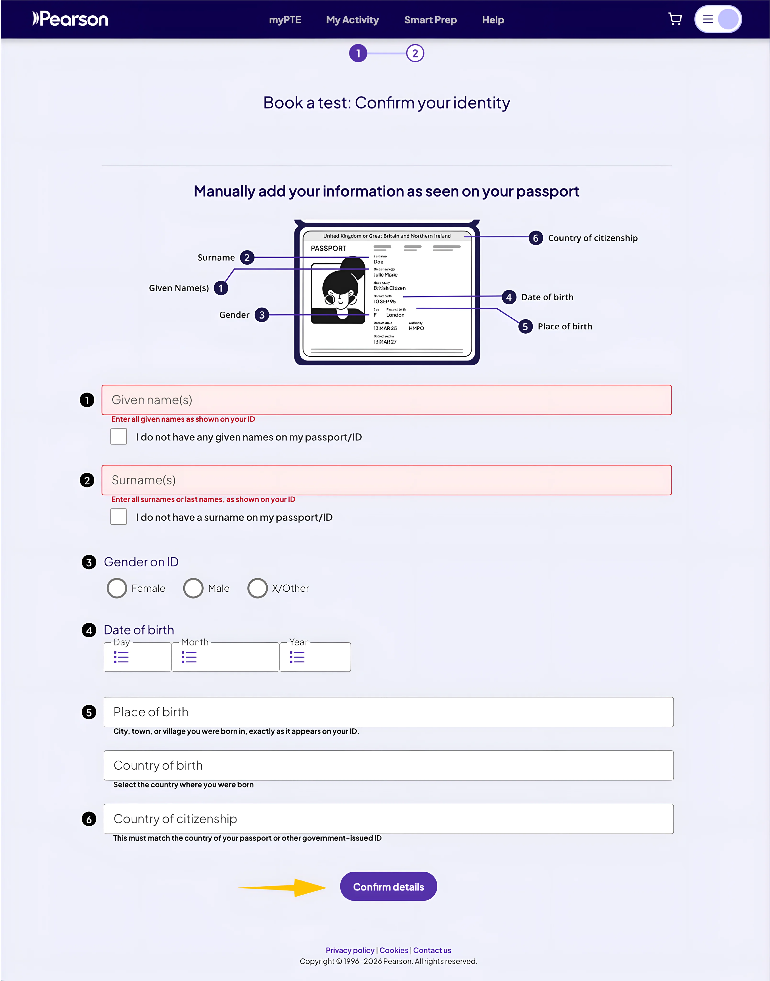 myPTE identity details form for PTE Core booking matching passport information