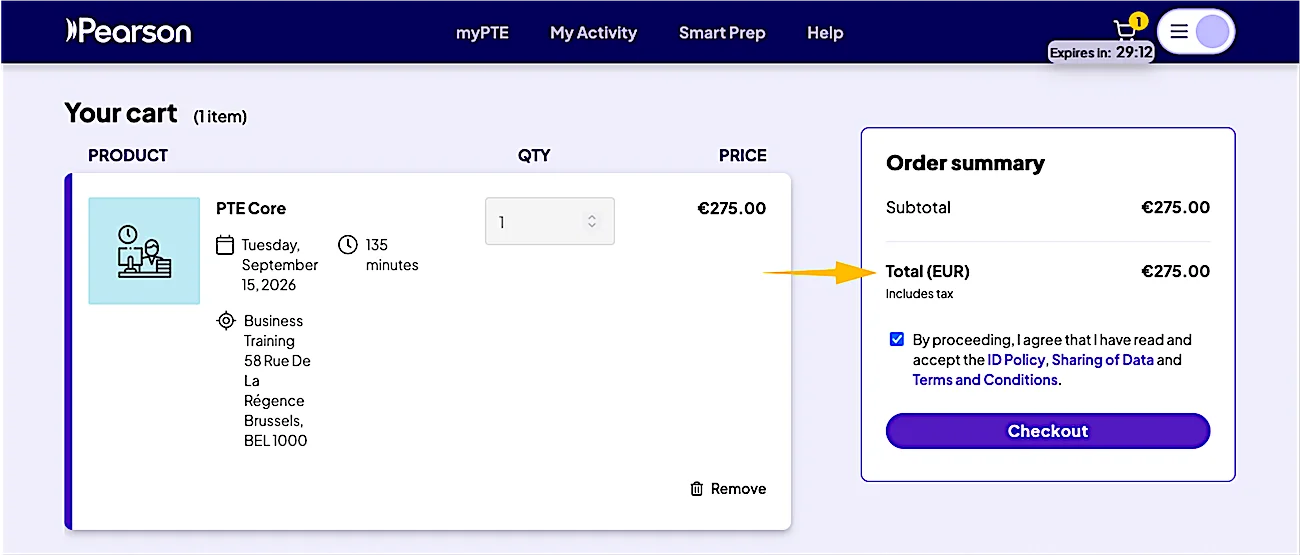 Example PTE Core exam fee shown during Pearson booking checkout