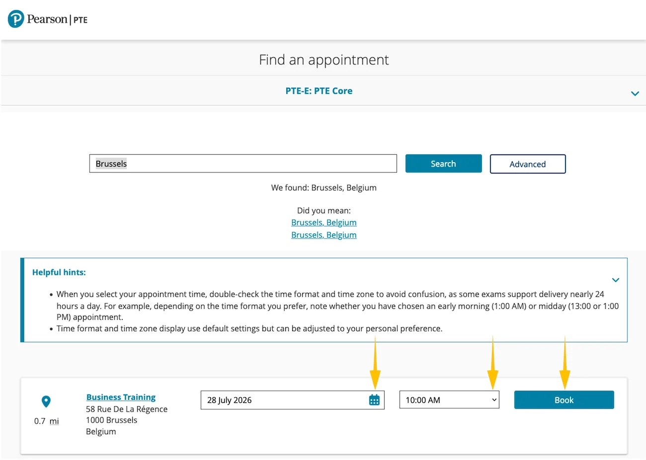 Pearson PTE test-centre and fee finder showing PTE Core booking options