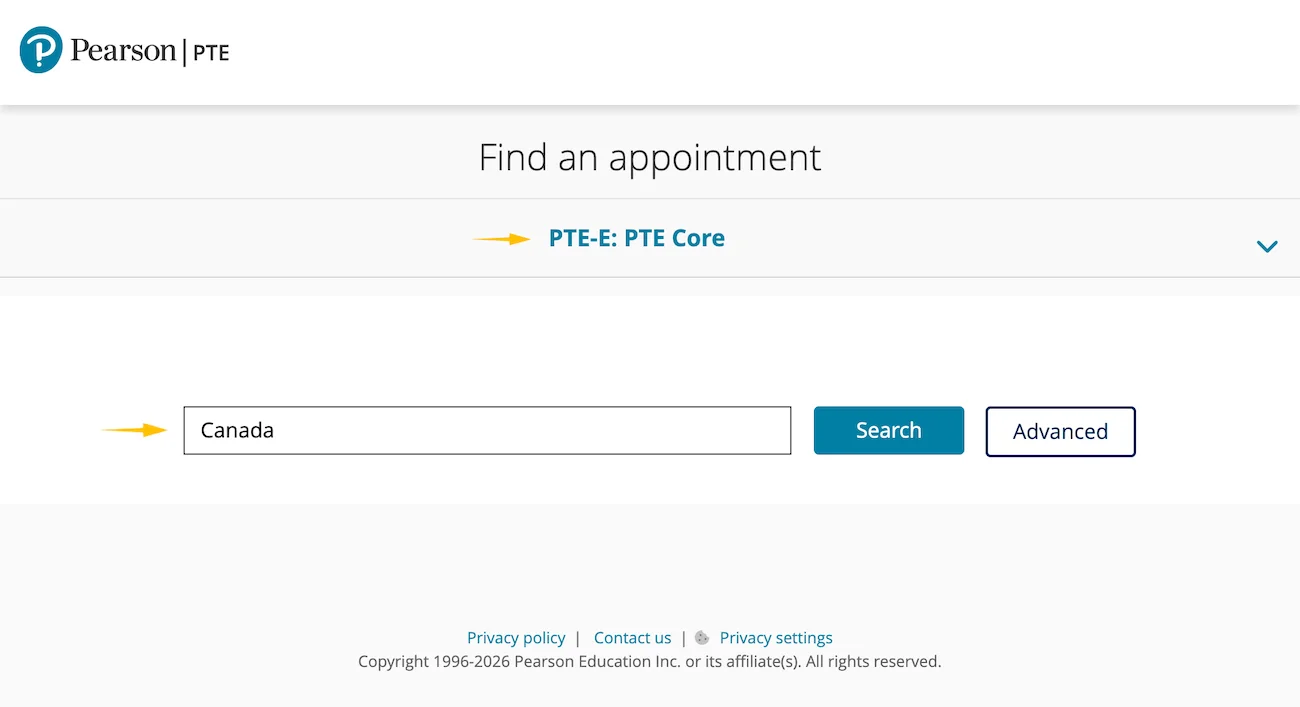Pearson booking system with PTE Core selected as the test type