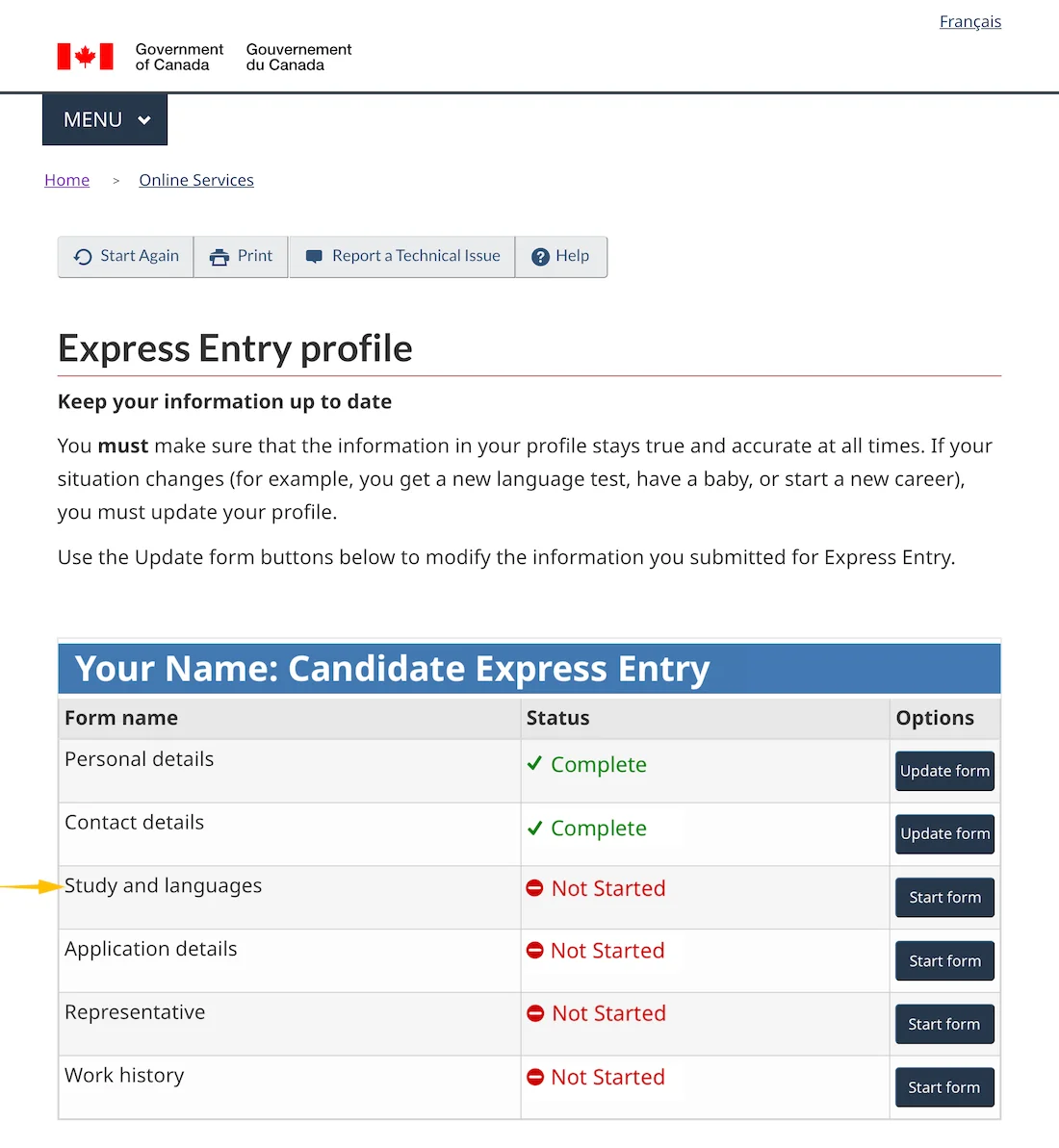Express Entry profile forms list with Study and languages selected