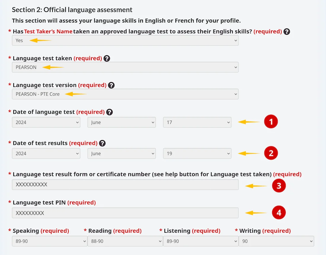 IRCC Official language assessment form with PEARSON PTE Core selected