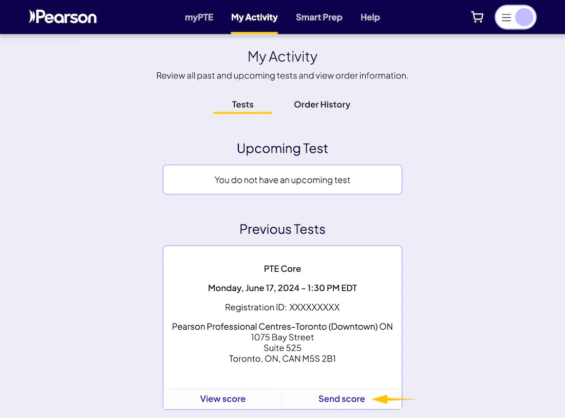 myPTE My Activity page with Send score option for a PTE Core test