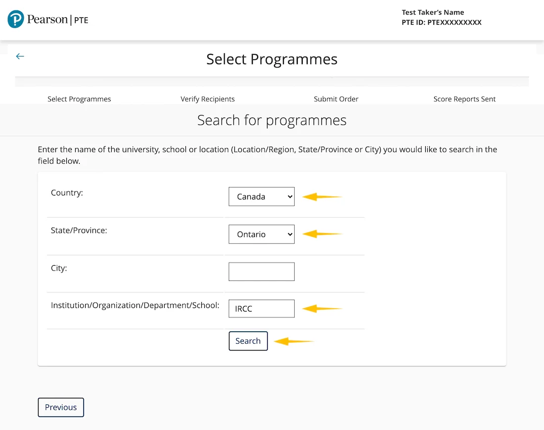 myPTE Select Programmes search for IRCC in Canada