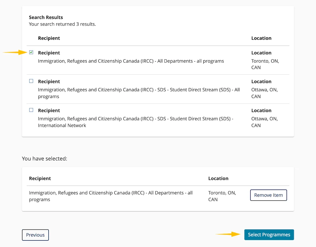 myPTE search results showing IRCC recipients for score sharing