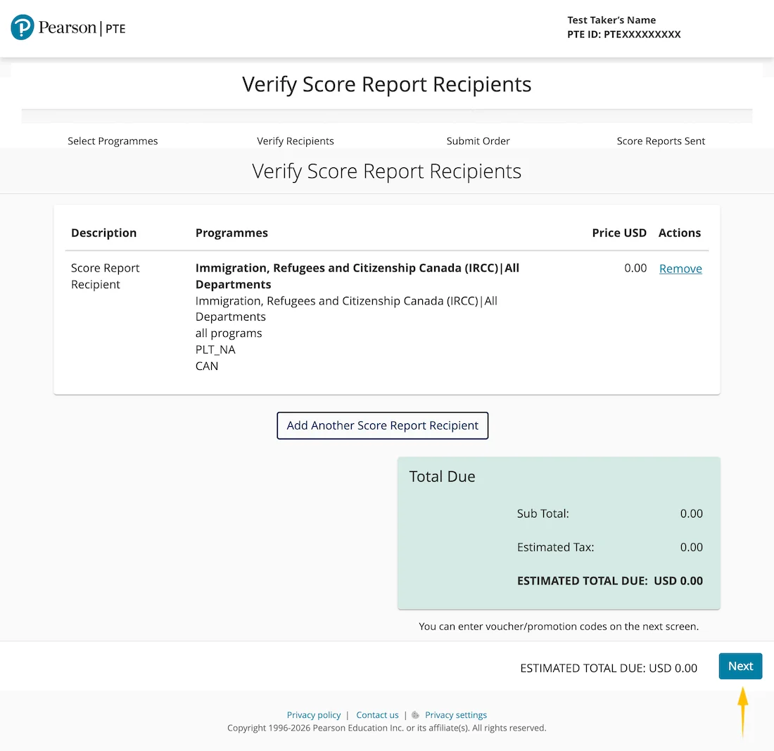myPTE verification screen confirming IRCC recipient with no score-sending fee