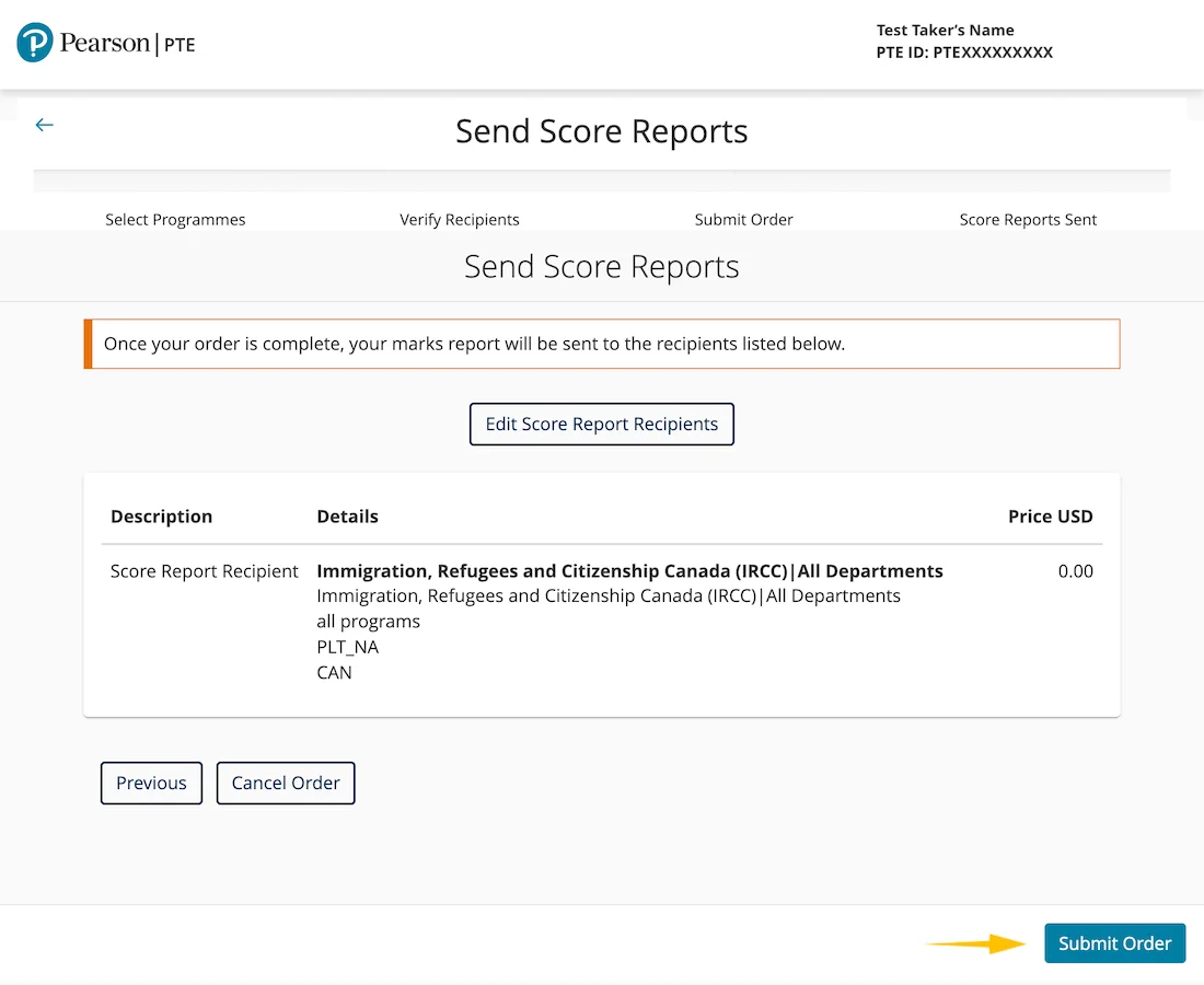 myPTE Submit Order screen for sending a PTE Core score to IRCC