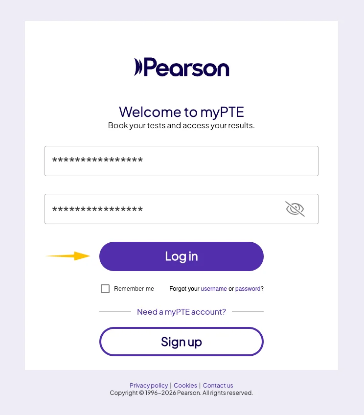 myPTE login page for checking a delayed PTE Core result