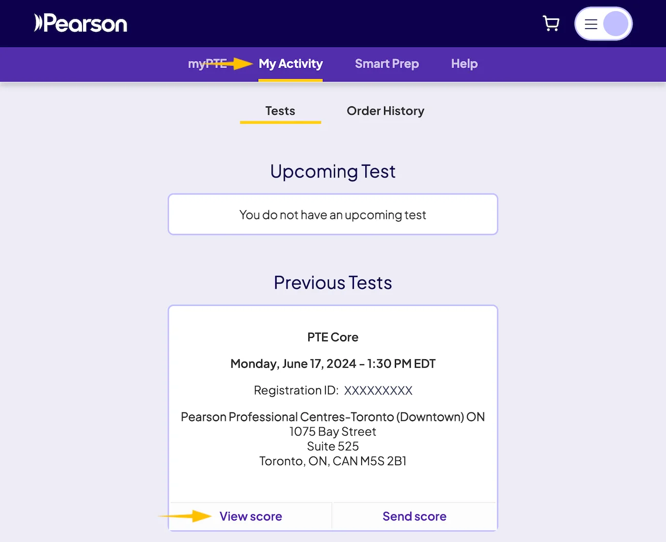 myPTE My Activity page showing a PTE Core test and View Score option