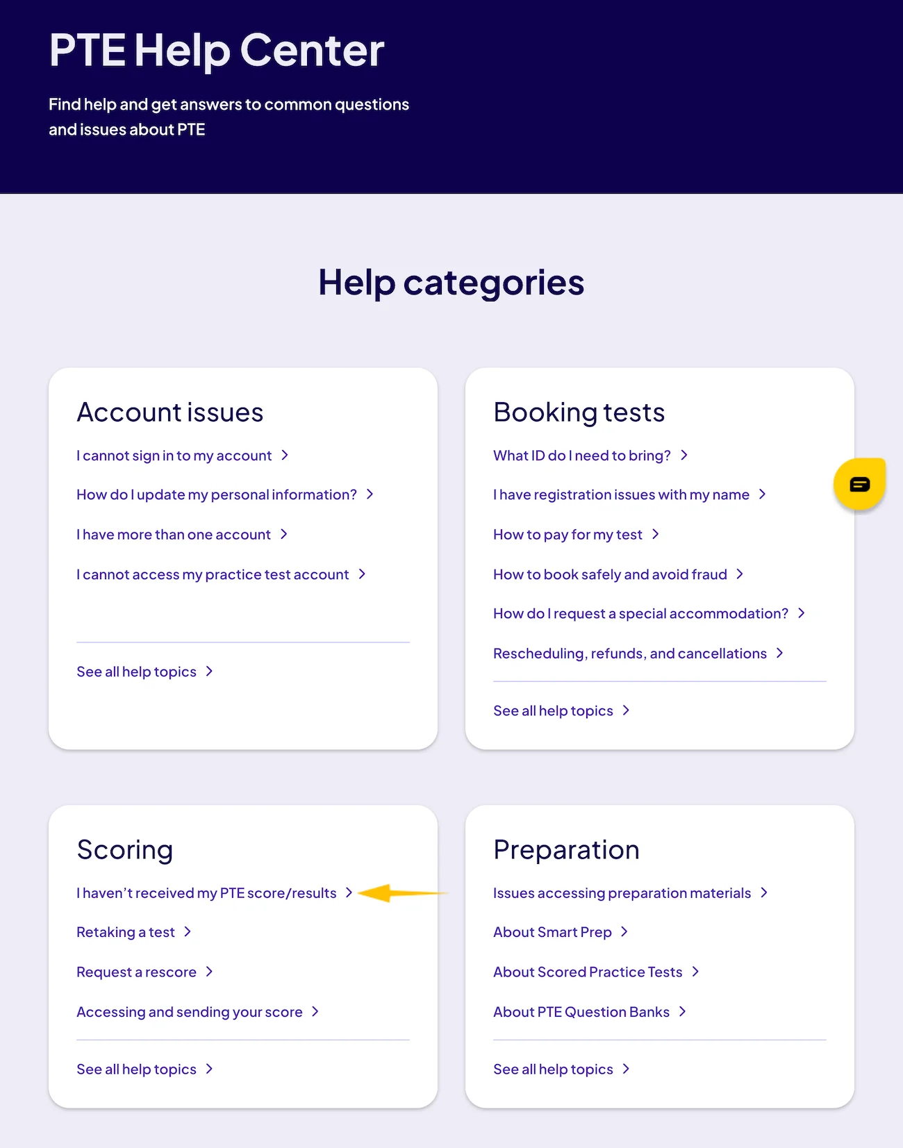 PTE Help Center Scoring section with I haven’t received my PTE score/results selected