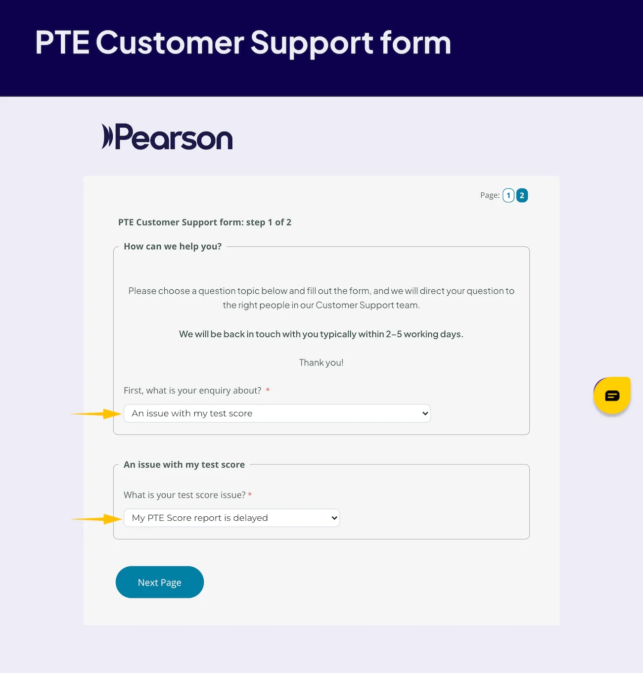 Pearson Customer Support form selecting My PTE Score report is delayed