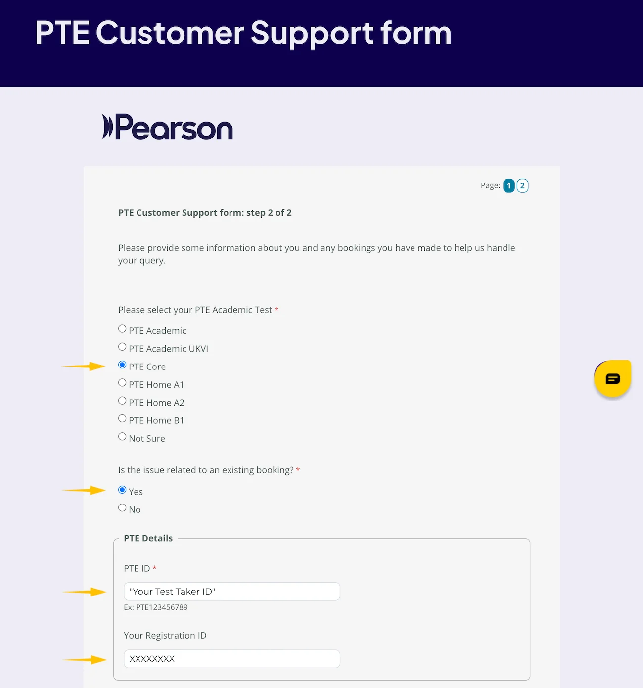 Pearson Customer Support form with PTE Core, PTE ID, and Registration ID fields