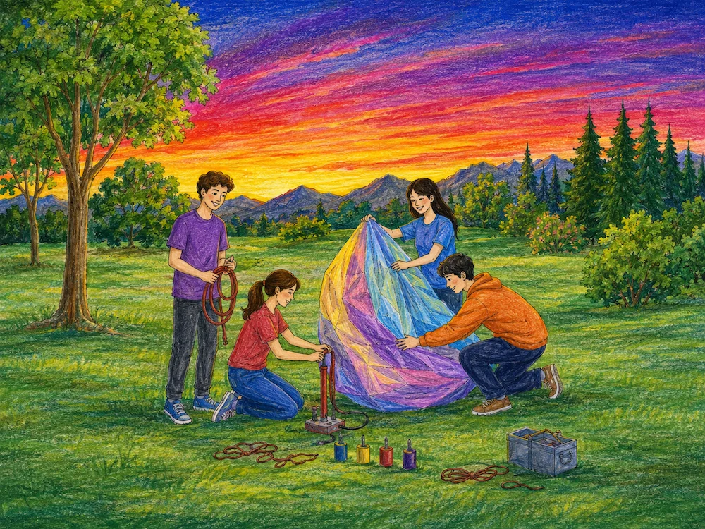 CELPIP-style unusual situation scene showing people in a park with a large colorful object that is not immediately identifiable