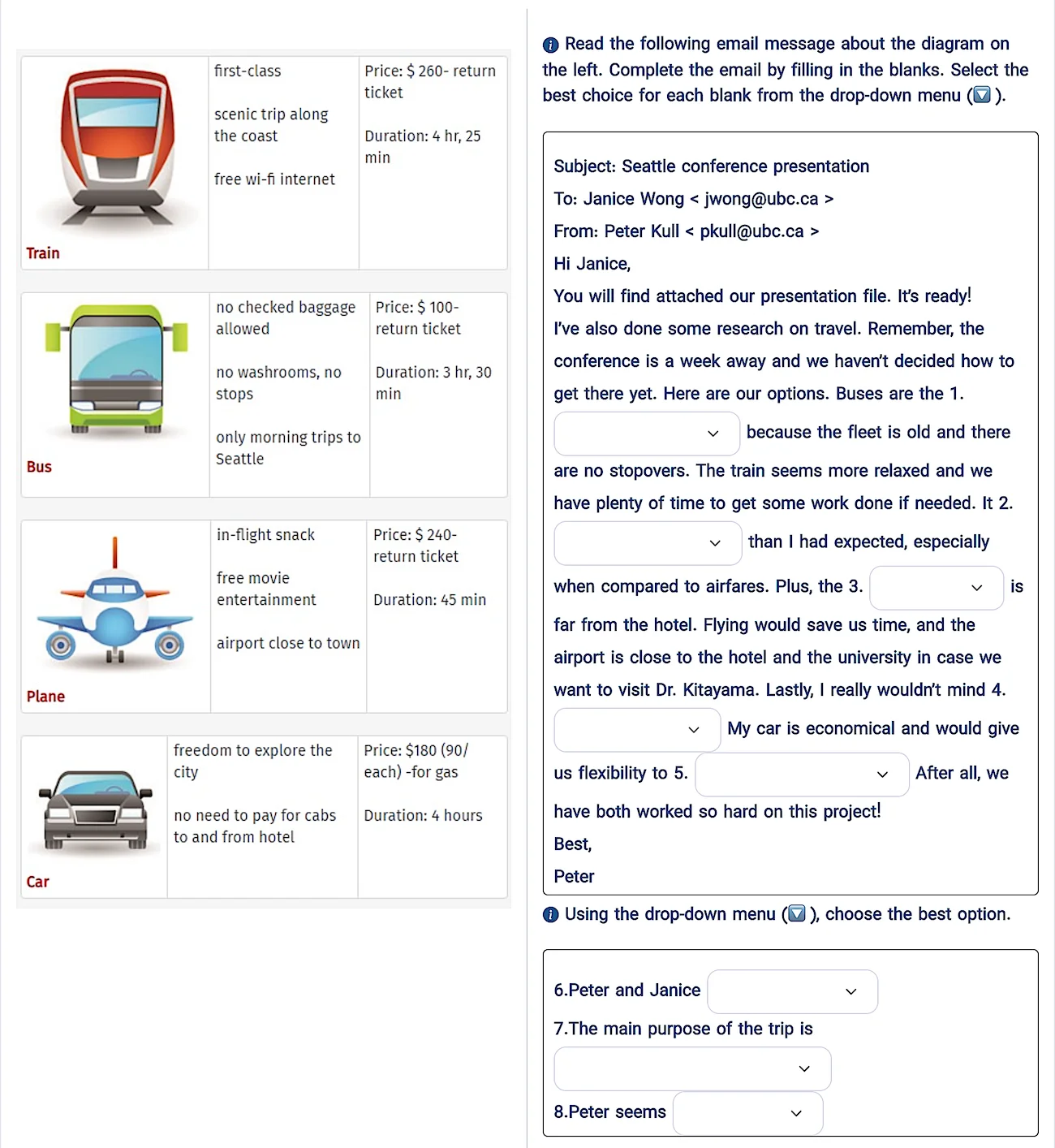 CELPIP-style Reading to Apply a Diagram task with a visual schedule or brochure and a related message to complete