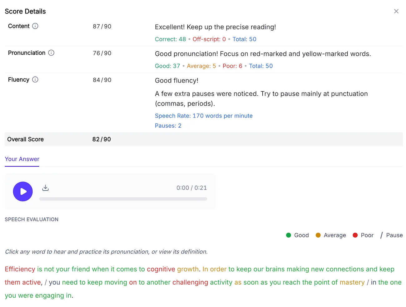 Phrasel speaking feedback page showing separate scores for content, word-level pronunciation, and fluency