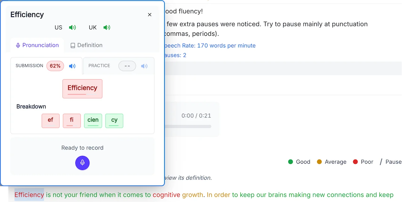 Phrasel speaking practice screen where a word can be clicked to hear and practice its pronunciation