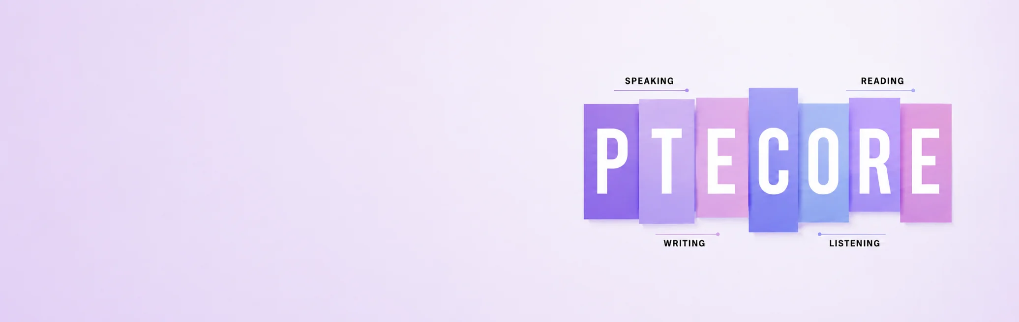 PTE Core logo showing speaking, writing, reading, and listening